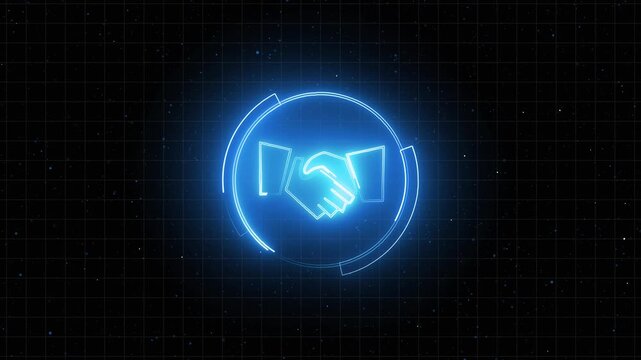 Digital handshake icon visualizes successful corporate business mergers. Secure handshake icon represents professional legal partnership agreements. B2B commerce concept utilizing a handshake icon.