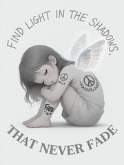 Naklejka premium Luminous Shadows: Serene Angel with Peace Tattoos and Eternal Light