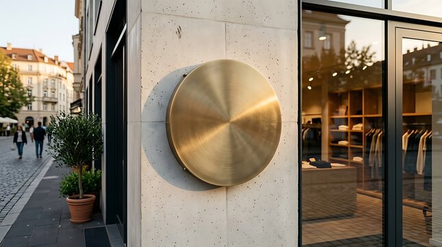 Signage made of brushed gold sits on the corner of a high-end boutique store front in a historic city.