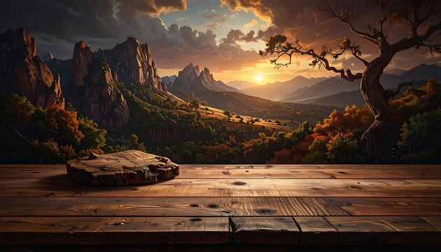 Pixelated mountain landscape at sunset with rustic wooden table in foreground, nature scene, golden hour light, digital art, scenic view