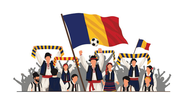 Vector illustration of the national flag of Romania with vertical stripes in blue, yellow, and red colors, decorated with traditional Romanian folk art patterns and ethnic geometric motifs.