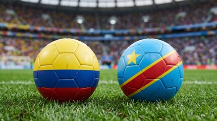 Fototapeta premium Two soccer balls with the national flags of Colombia and Democratic Republic of the Congo side by side on green grass inside a packed stadium before an international football tournament match