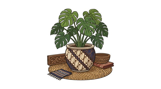 Potted Monstera Deliciosa Plant with Batik Pattern Pot and Decor