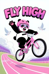 Naklejka premium Panda BMX Adventure: Fly High on Pink Bike with Helmet & Doves