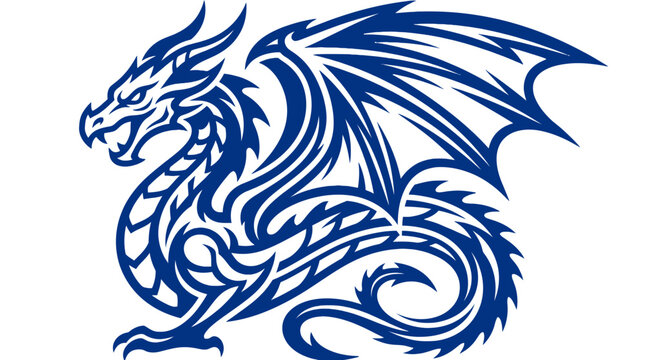 Powerful Winged Dragon Silhouette in Stylized Dark Blue