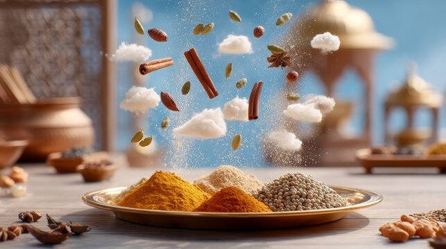 Spices and herbs falling into a plate on rustic wooden table