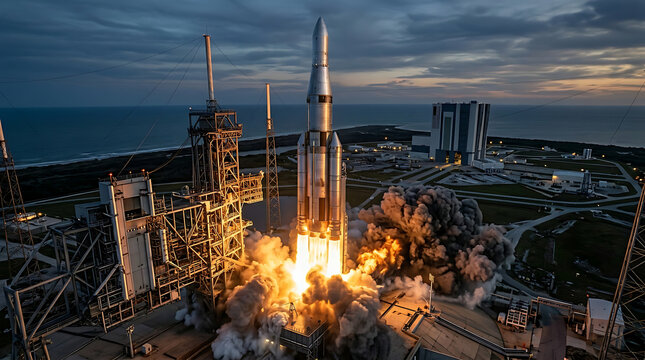 Rocket Launching into the Sky from a Launchpad with Flames and Smoke