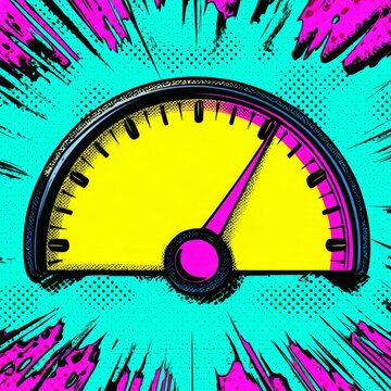 Vibrant speedometer bursts with energetic color. Bold pink needle points high on a yellow dial. Comic style radiates with explosive cyan and magenta bursts