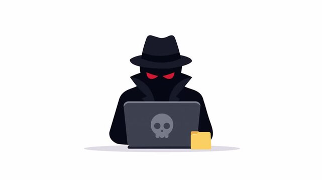 Hacker data theft concept with anonymous criminal and stolen folder information, vector flat 2d illustration isolated on transparent background with alpha channel