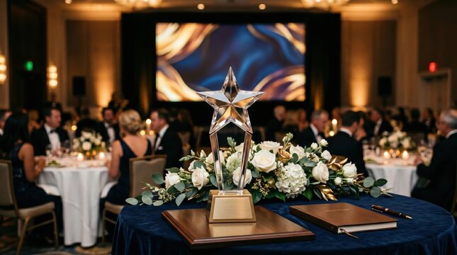 Star shaped award trophy positioned on floral decorated table during formal banquet dinner with guests seated at round tables
