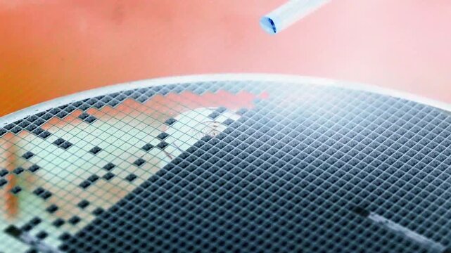 Semiconductor Microchip Pick Place Silicon Die Extraction From Wafer Automated Assembly Line in 4K Ultra HD footage.
