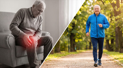 Obraz premium Joint pain relief and active senior lifestyle concept, before and after recovery comparison