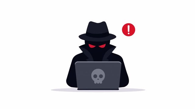 Hacker cyber attack alert with anonymous criminal using laptop and warning notification, vector flat 2d illustration isolated on transparent background with alpha channel