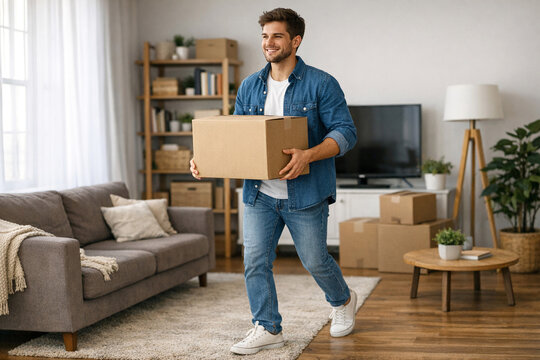 A young man carrying a large box inside his new house