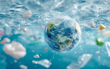 Obraz premium Earth Floating in Water with Plastic Pollution and Debris