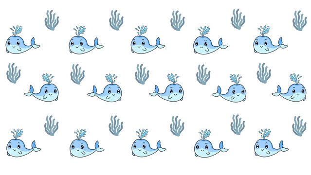 Cute kawaii hand-drawn seamless pattern illustration of smiling blue whales spouting water waves and sea plants seaweed clumps on a clean white background for fabrics.