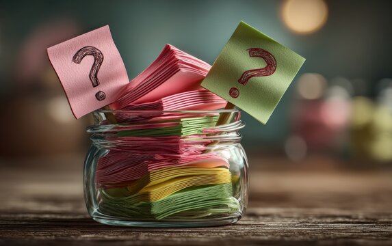 Glass jar filled with colorful paper notes and questioning symbols on sticky notes