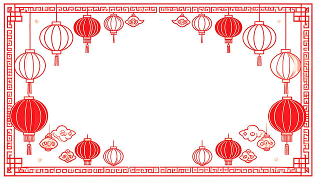 red chinese lanterns border with ornamental elements, celebration and festival concept, copy space