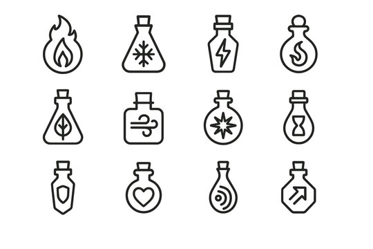 Neon Elixir Icons Grid. Neon spell elixirs. Line outline icon set of Neon spell elixirs: glowing fire potion,