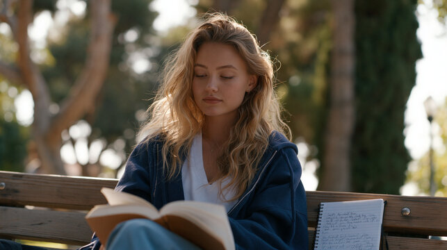Young adult sits alone on a park bench reading a memoir about escaping a controlling religious group, notebook open to handwritten reflections beside her, afternoon light filtered through trees, dep