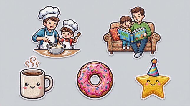Father's Day Embroidered Patch Set, Cute Cartoon Dad and Child Baking and Reading on Sofa, Colorful Donut Coffee Mug and Star Textile Stickers, Isolated Textless Microstock Vector