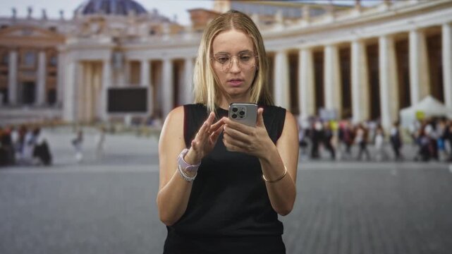 Woman taps smartphone screen with both hands and frowns, checking phone in front of historic building amid crowd; confusion tech problem.