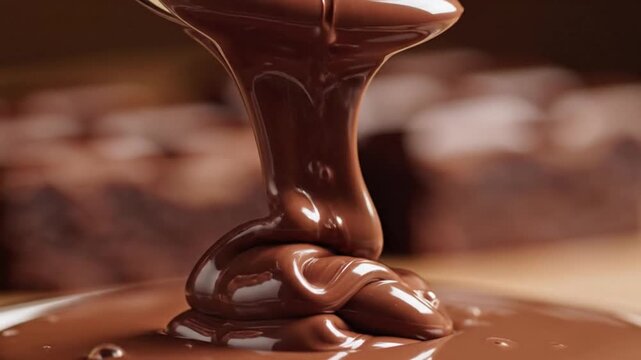 Rich chocolate flows smoothly onto a plate with brownies in background