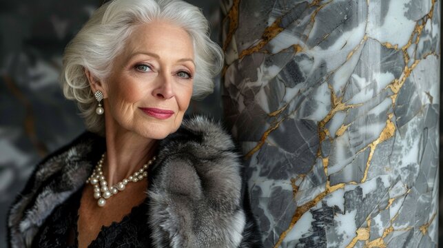 Elegant woman leans against marble column. Her silver hair glows softly in gentle light. She wears pearl necklace and dark fur coat. Gentle smile suggests calm confidence. Background features textured