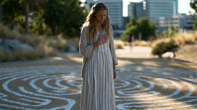 Urban pilgrim stops at a chalked labyrinth painted on a city park pathway, one hand pressed to her sternum in reflection, office towers visible beyond the tree line, depicting contemplative spiritua