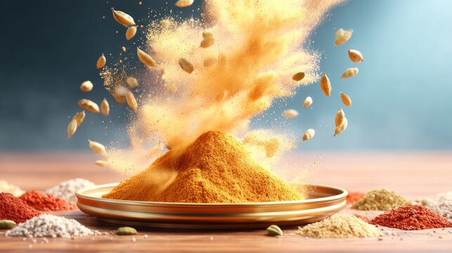 Spilled spices and grains creating a colorful explosion on wooden surface
