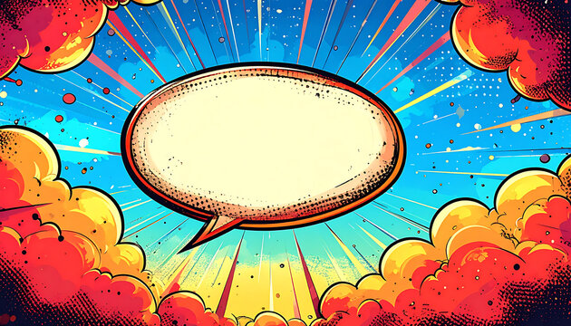 Pixel art empty speech bubble with bright explosion background, comic book style, retro gaming element