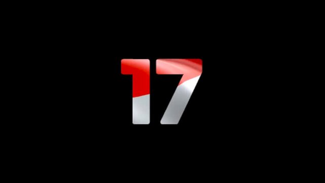 The number 17 with an animated red and white flag inside. August 17, 1945. Indonesian Independence Day. Alpha video format.