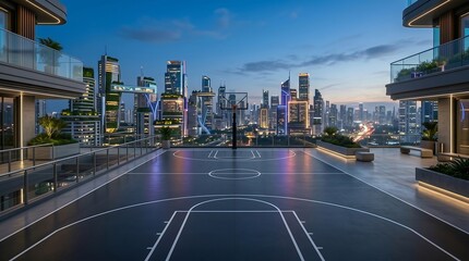 Fototapeta premium Luxury high-rise rooftop basketball court with stunning city skyline view at dusk