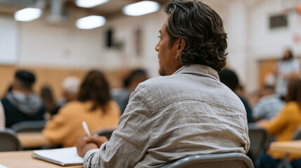 Fototapeta premium Multicultural group of single parents attends a weekend parenting support workshop in a community center with folding tables and institutional lighting, one father taking careful notes as a facilita