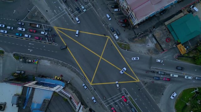 Port Klang city intersection aerial view showing traffic. Great aerial view drone