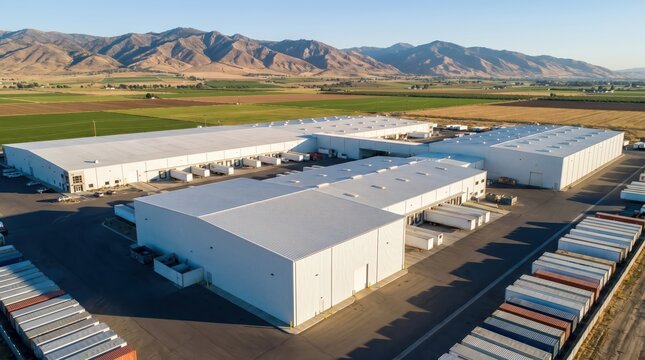 Large distribution warehouse complex with multiple loading docks and parked trailers in agricultural valley beneath distant mountain range