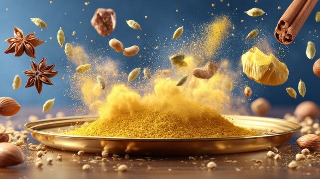 Spices and powders flying above a spoon with colorful background
