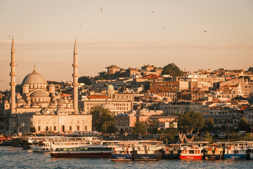 Naklejka premium Warm sunset view of the Yeni Cami New Mosque grand domes and minarets with seagulls flying in the sky, historic Eminonu district and traditional urban architecture in Istanbul, Turkey