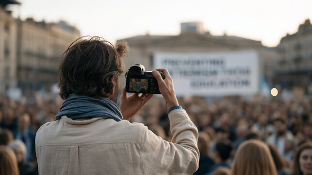 Documentary photographer holds up a camera in a crowd at a public rally about deradicalization, a banner reading preventing extremism through education visible in the background, urban buildings fla