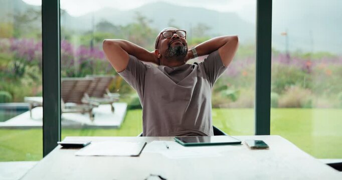 Happy, man and stretching with tablet for remote work, audit completion and deadline success. Freelance accountant, mature black person and relax with tech in home for tax season close, done or smile