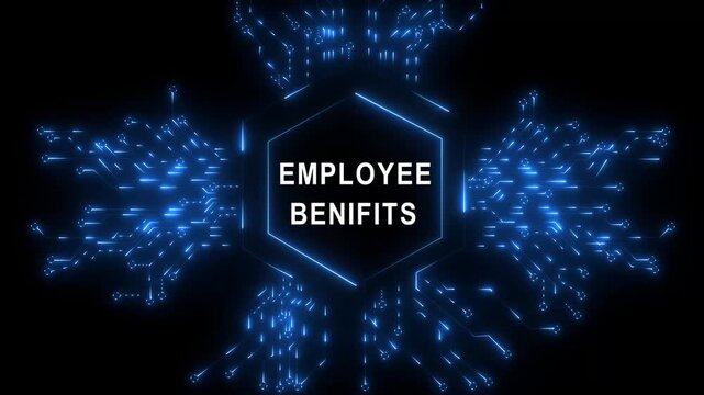 Glowing Employee benifits emblem surrounded by digital networks and swirling black background 4k video...