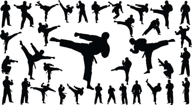 Martial arts karate silhouettes set with kicking and fighting poses collection for sports training and combat illustration