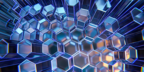 Futuristic blue glowing honeycomb structure made transparent glass crystal hexagonal tubes radiating outward creating striking modern technological background wallpaper design 3d rendering © Celt Studio