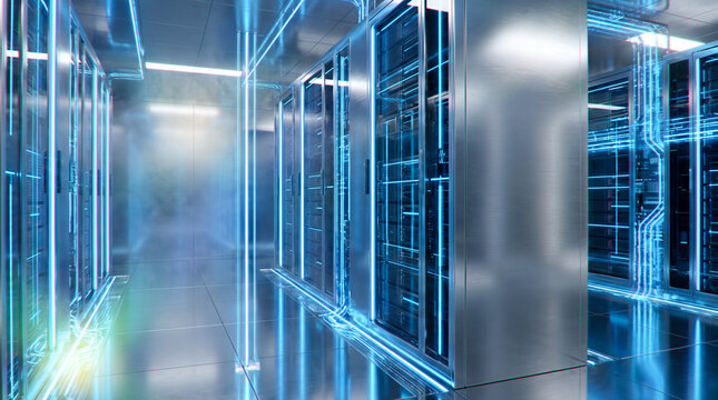 High tech futuristic server room featuring metallic racks bright glowing blue neon data lines digital network cloud computing concept 3d illustration