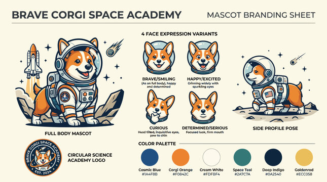 Brave Corgi Space Academy Mascot Branding Sheet.