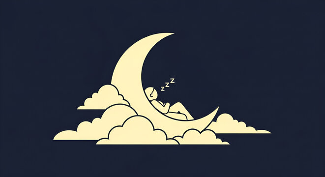 Man sleeping on crescent moon with clouds at night