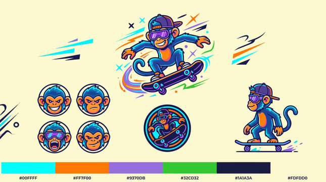 Colorful cartoon monkey skateboarding illustration set.