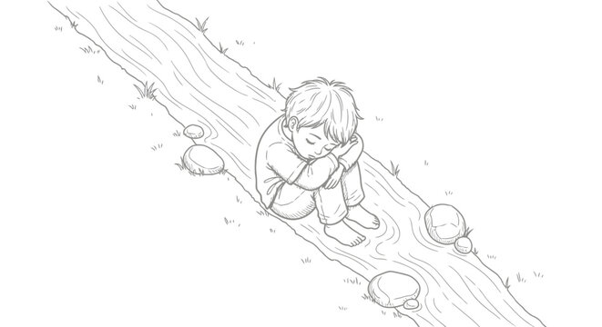 Child playing joyfully with pebbles on sloped ground.