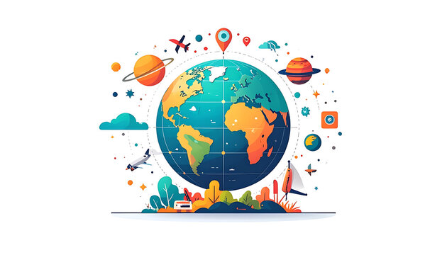 Pixel art globe surrounded by travel icons, planets and clouds, representing global travel and adventure