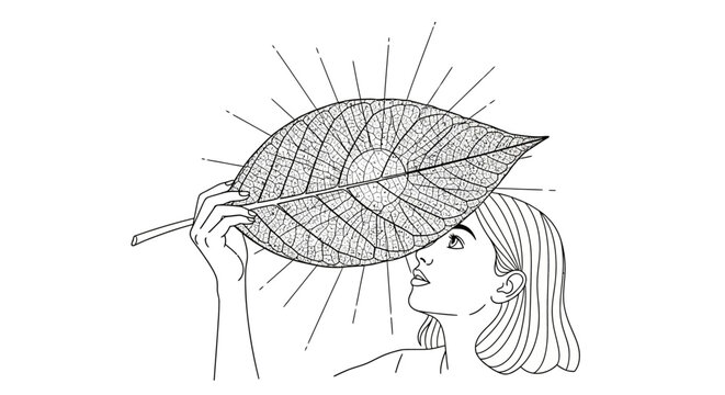 Woman holding large decorative leaf over her head.